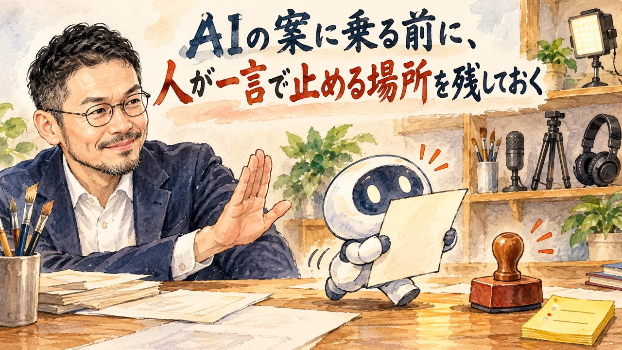 AIの前提を人が一言で止めるひろくんコラム図解