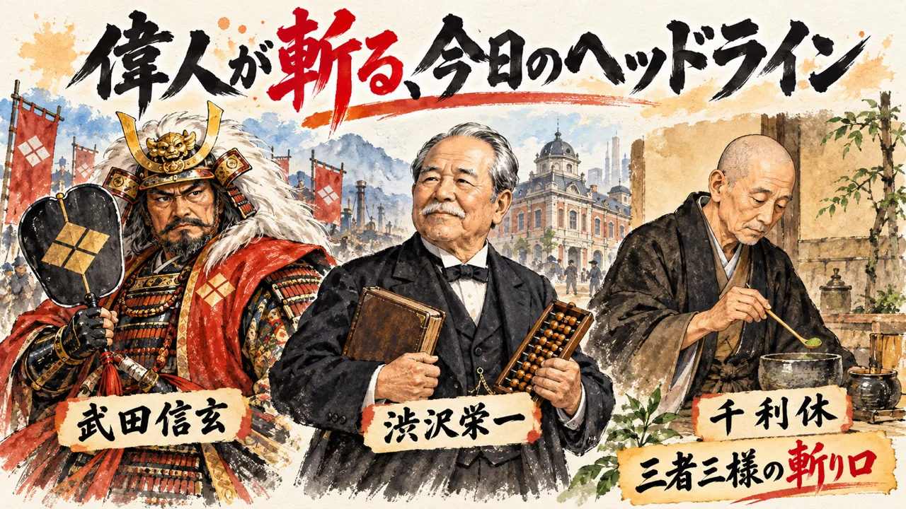 武田信玄・渋沢栄一・千利休が今日のヘッドラインを語るグラレコ