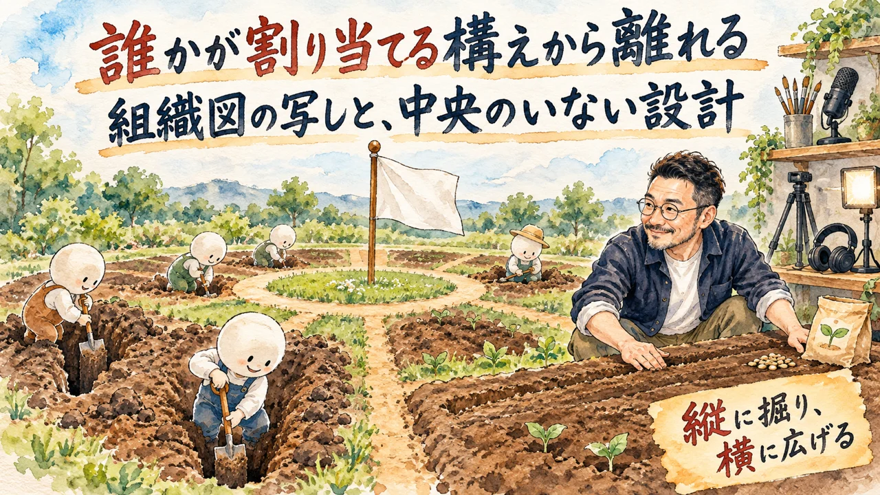 割り当てない組織とAIの分け方を描いたひろくんコラム図解