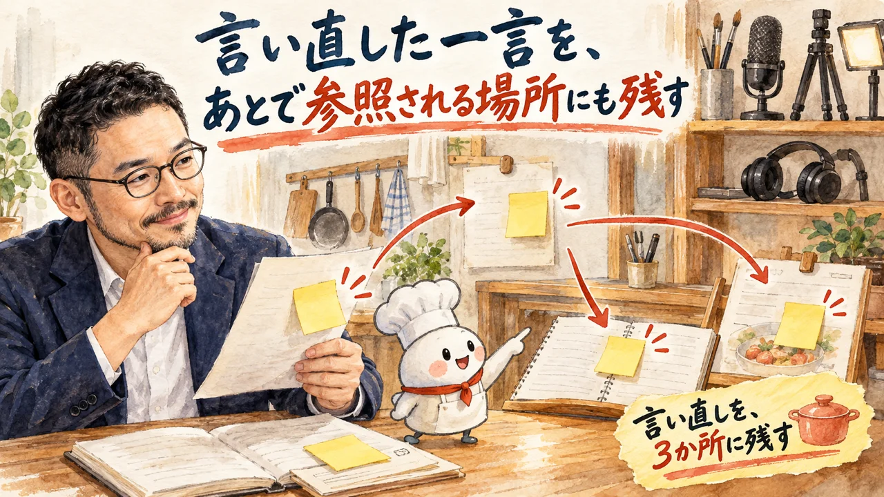 言い直した一言を3か所に残す様子を描いたひろくんコラム図解