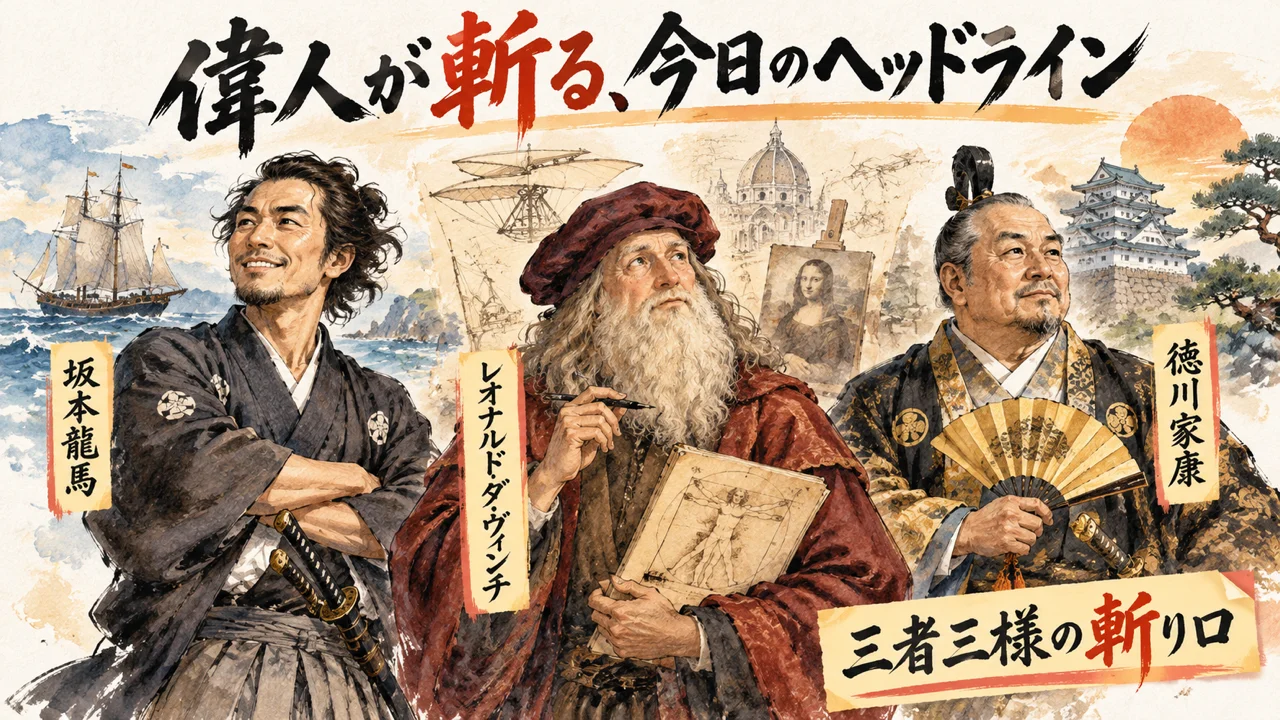 坂本龍馬・レオナルド・ダ・ヴィンチ・徳川家康が今日のヘッドラインを語るグラレコ