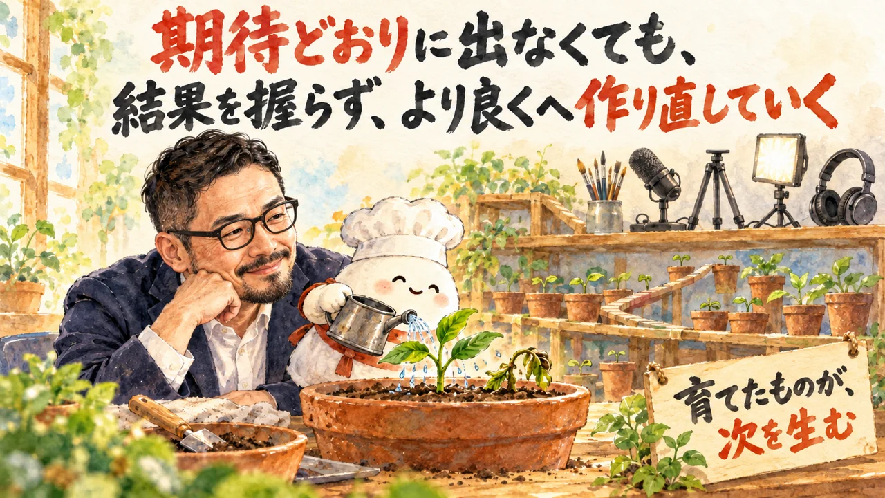 期待どおりに出なくても、より良くへ作り直していく様子を描いたひろくんコラム図解