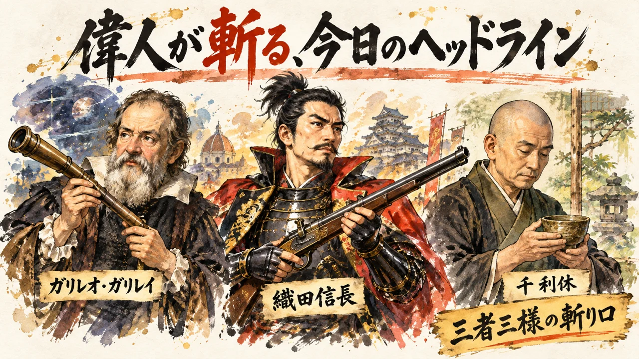 ガリレオ・ガリレイ・織田信長・千利休が今日のヘッドラインを語るグラレコ
