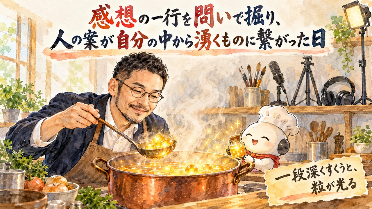 感想の一行を問いで掘り、人の案が自分の中から湧くものに繋がる様子を描いたひろくんコラム図解