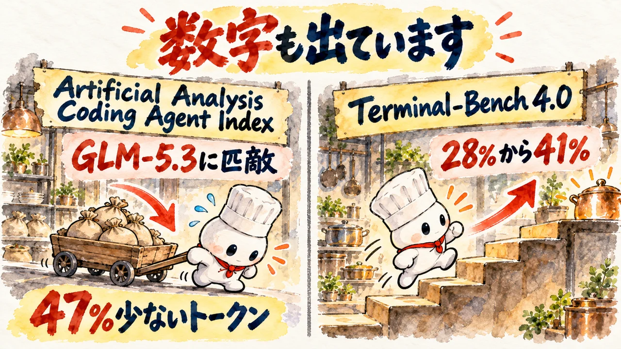 数字も出ています。Artificial Analysis Coding Agent Indexで、中国製のGLM-5.3に匹敵する性能です。