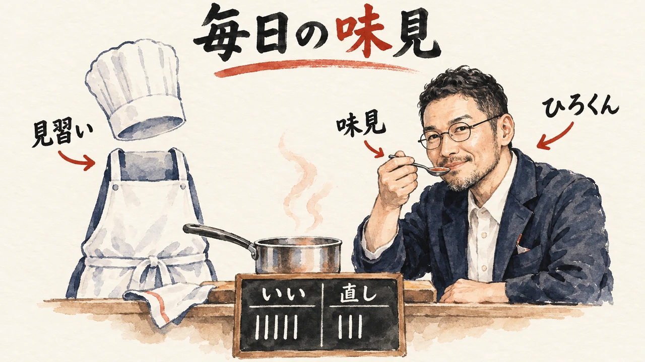 ひろくんが見習いの料理を味見し、黒板にいいと直しの印を数える毎日の味見の図解
