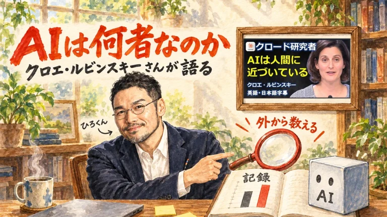 ひろくんが虫眼鏡で記録を指さし、AIの箱を外から数えるアイキャッチ。壁に動画のサムネイル