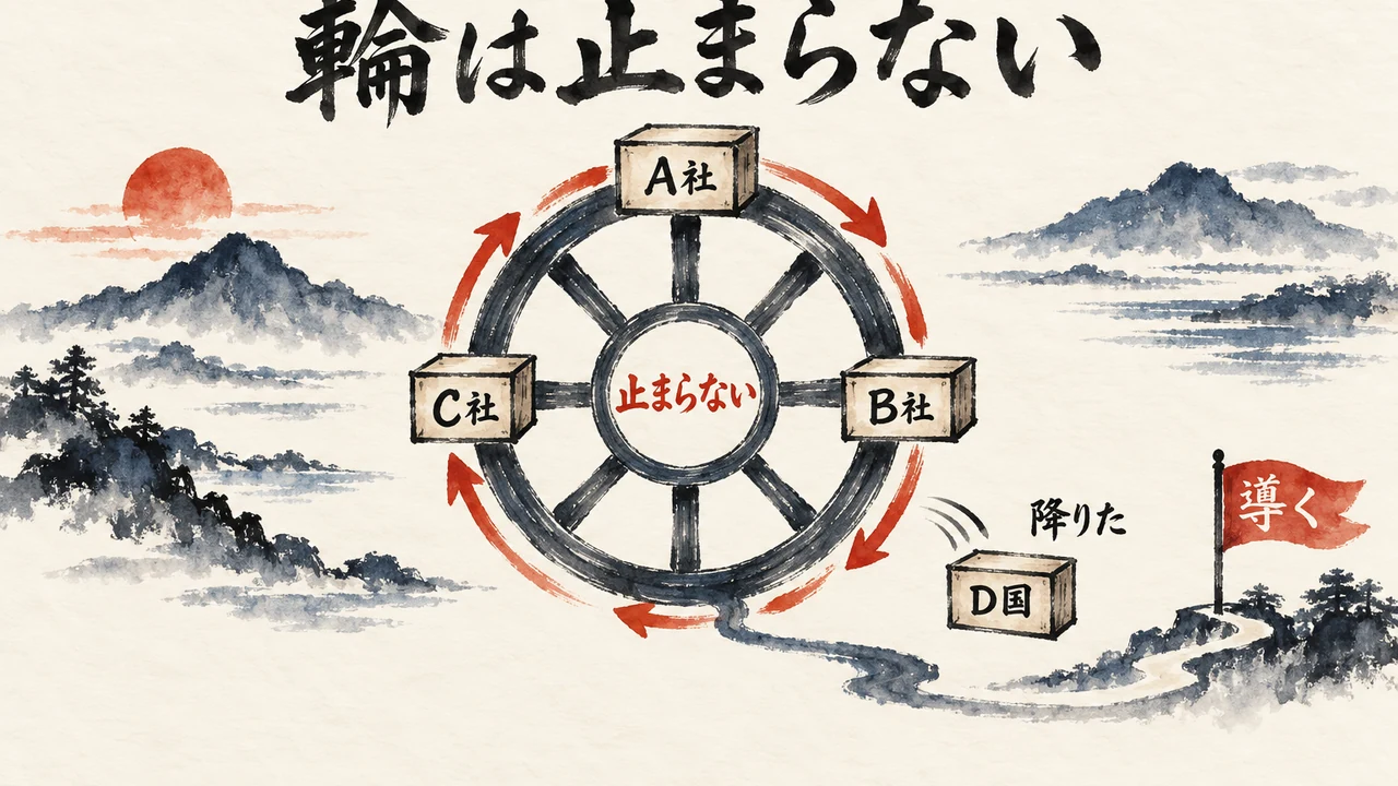 A社、B社、C社の箱が回る大きな輪から、D国の箱が降りても輪は止まらない図解