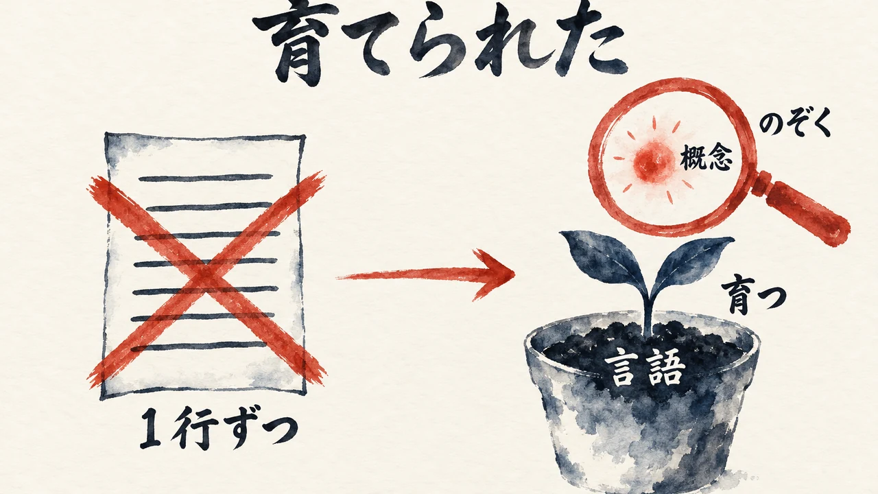 1行ずつ書かれた文書に×を付け、言語という鉢から育つ芽を虫眼鏡でのぞく図解
