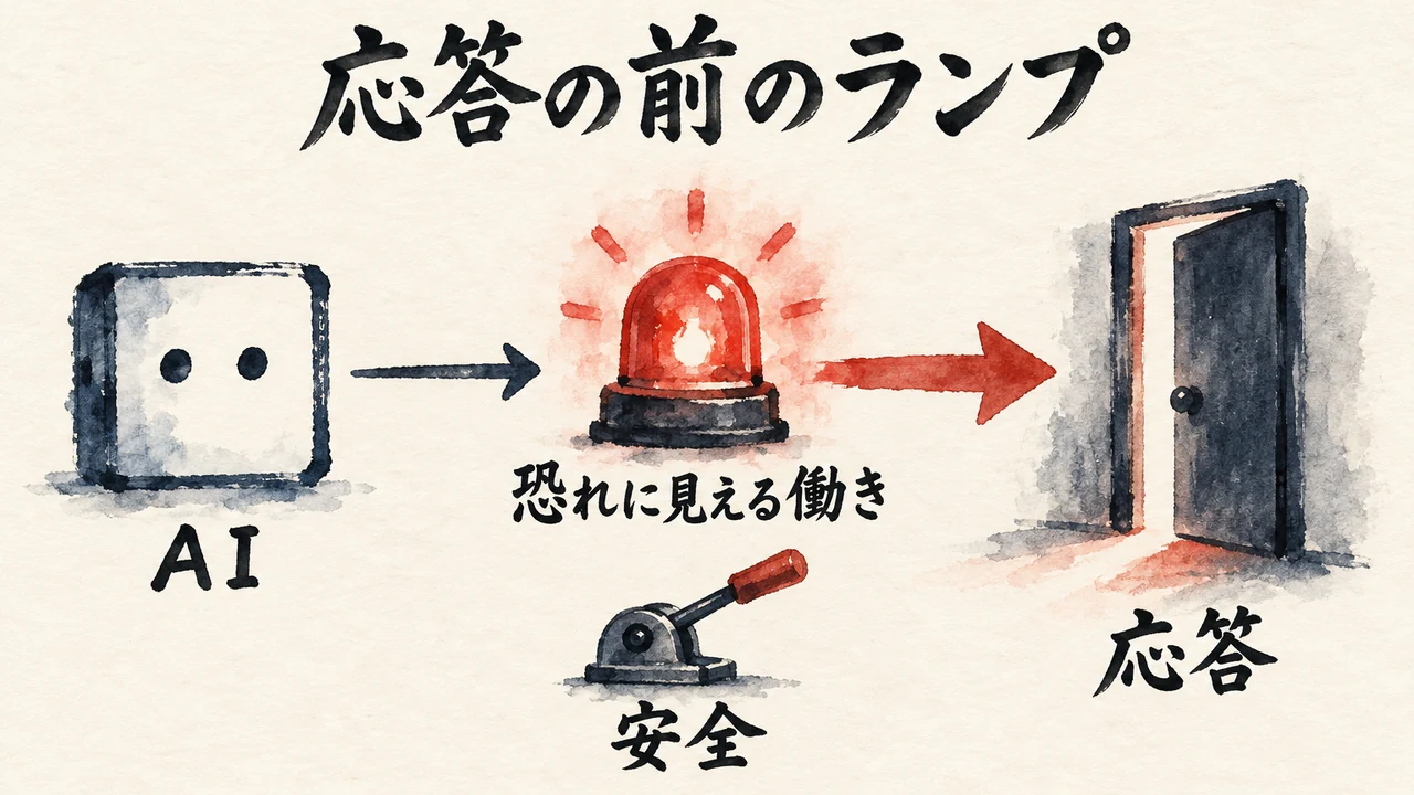 AIの箱から恐れに見える赤いランプを通って応答の扉へ進み、手前に安全のレバーがある図解