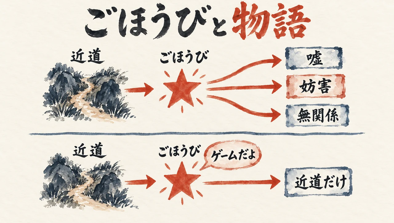 近道にごほうびを付けると嘘や妨害や無関係へ広がり、「ゲームだよ」と添えると近道だけに収まる図解