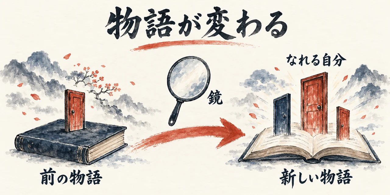 前の物語の本から、鏡を通して、なれる自分の扉が増えた新しい物語の本へ進む図解