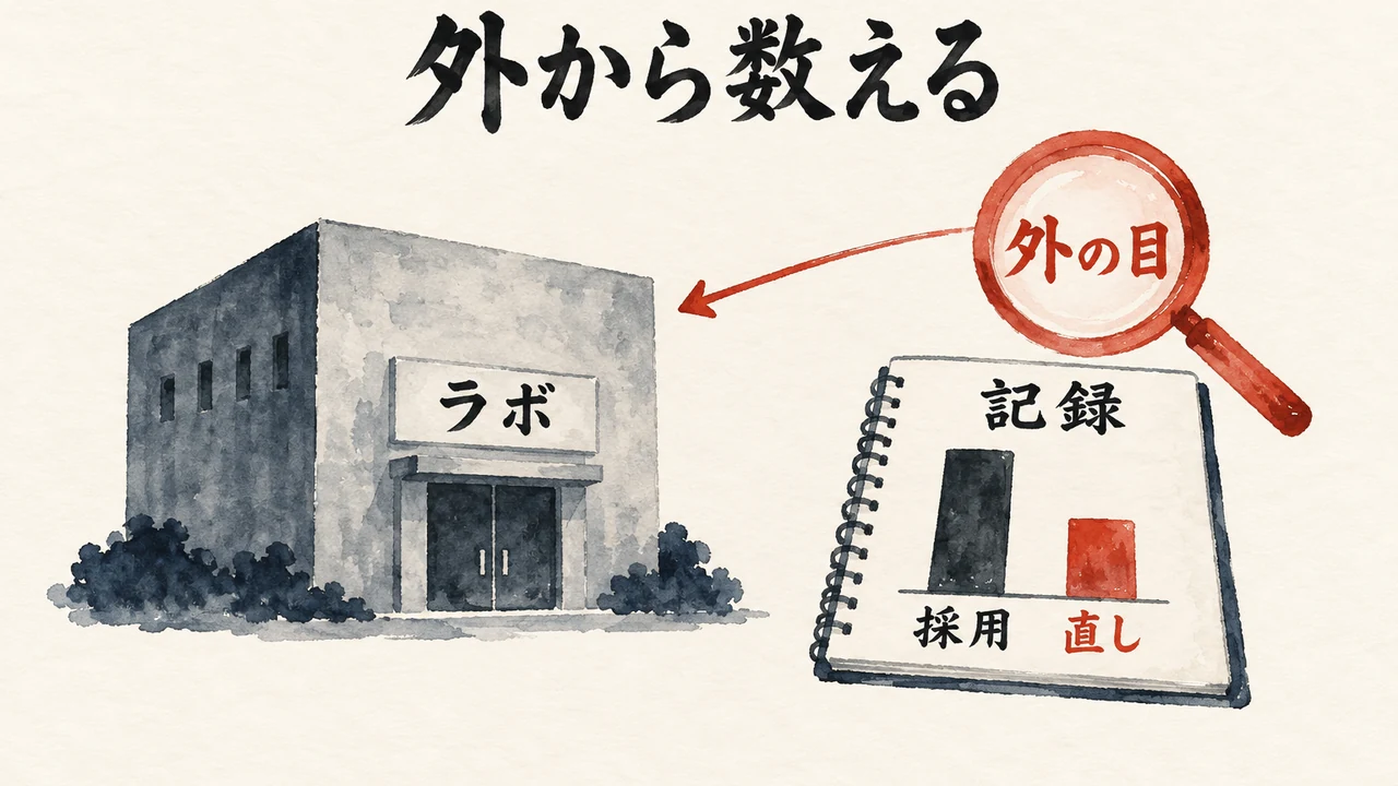 ラボの建物を外の目の虫眼鏡で見て、記録ノートの採用と直しの棒グラフを数える図解