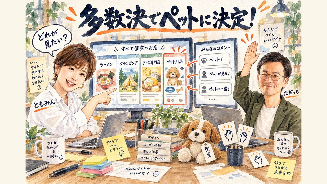 ラーメン・グランピング・チーズ専門店・ペット用品 すべて架空のお店で、多数決でペットに決まる