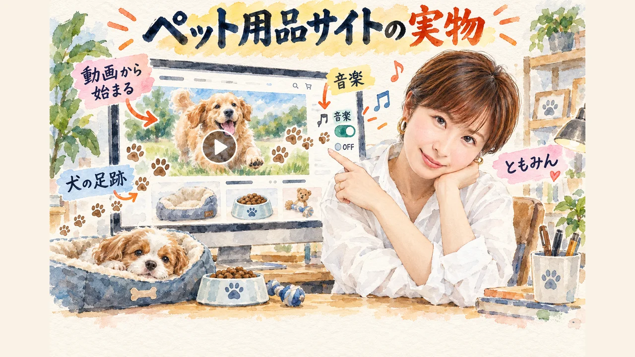 ペット用品サイトの実物 動画から始まり、音楽のオンオフと犬の足跡が付く