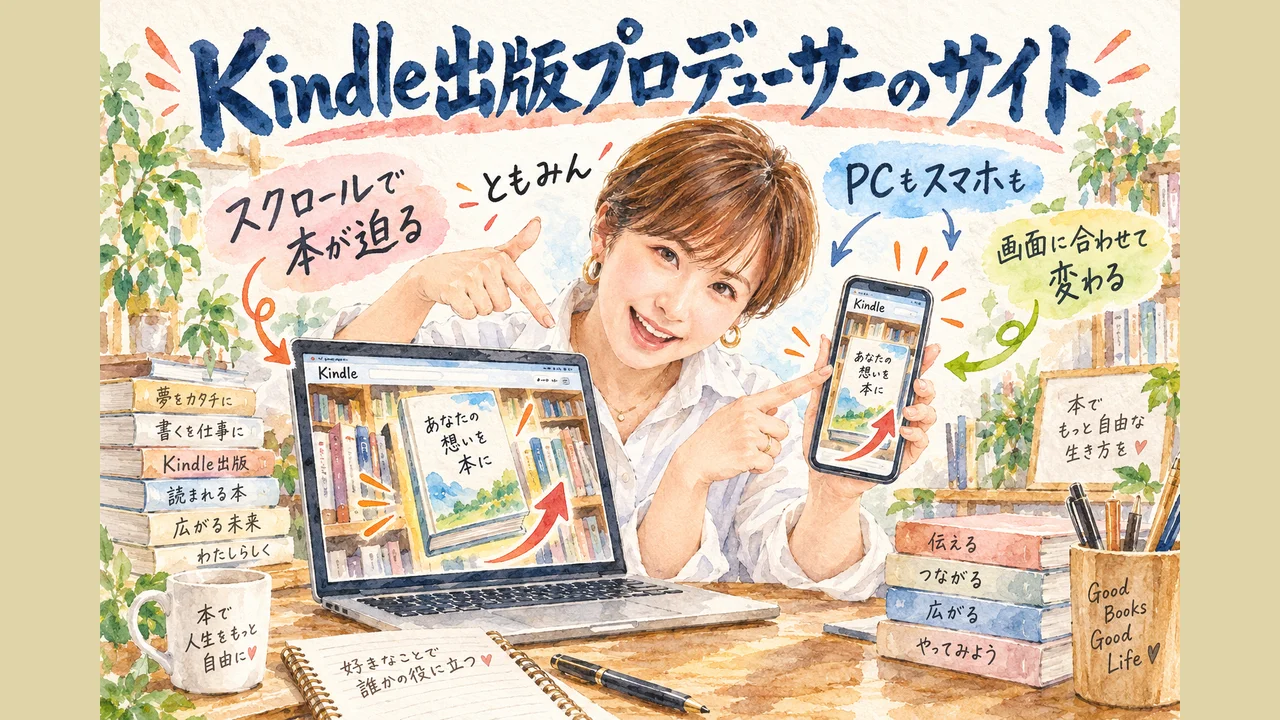 Kindle出版プロデューサーのサイト スクロールで本が迫り、PCとスマホで見え方を変える