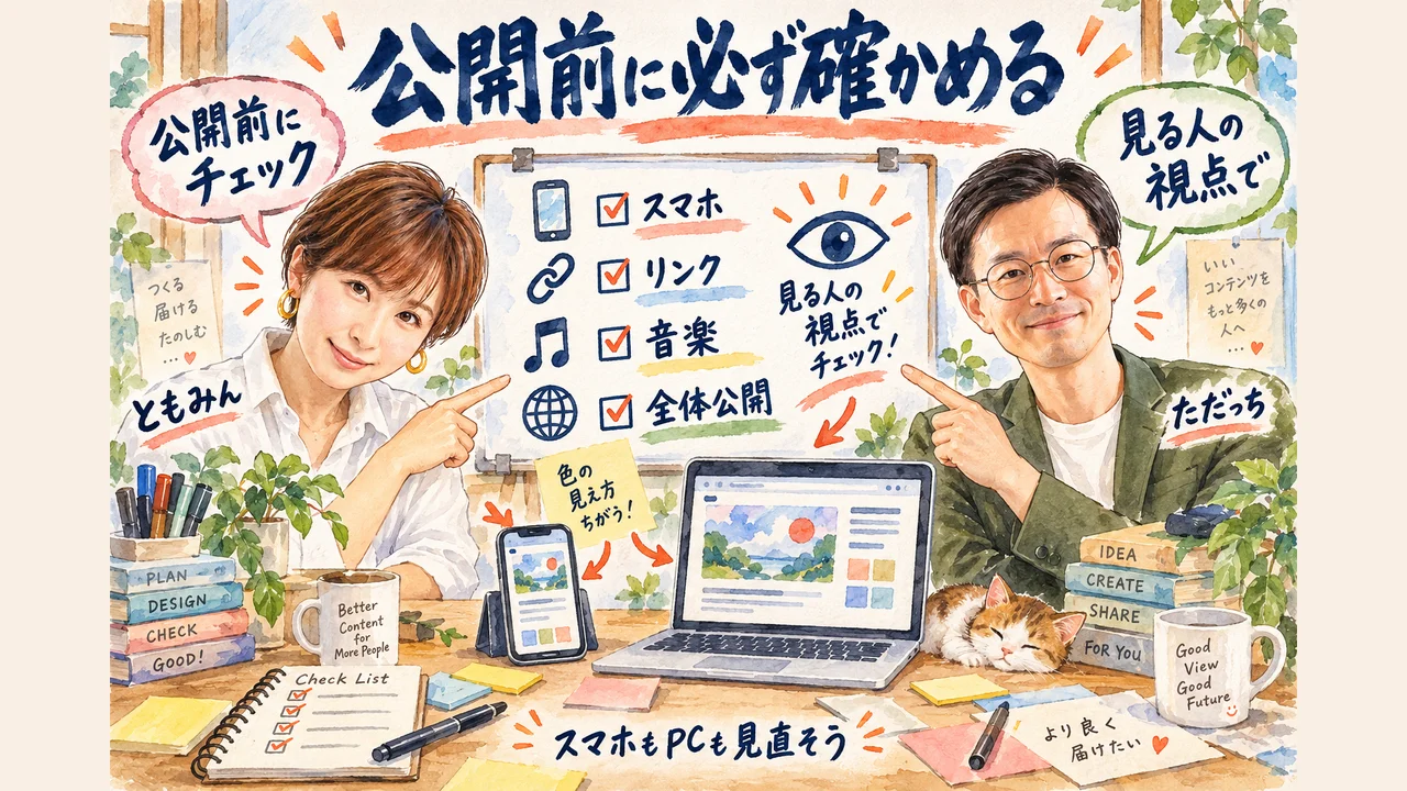 公開前に必ず確かめる スマホ・PC・リンク・音楽・全体公開、見る人の端末と色の見え方