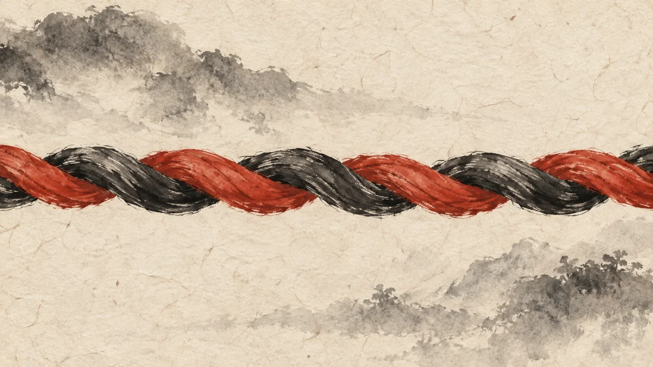 墨色の糸と朱色の糸が撚り合わさって一本の縄になるイメージ図（AI生成の墨絵風）