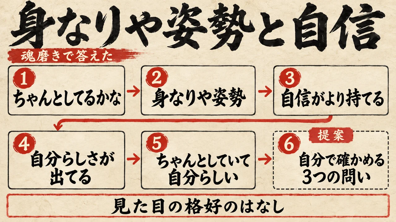 「ちゃんとしてるかな」から「ちゃんとしていて自分らしい」までの答えの流れと、自分で確かめる問いの提案を、6枚のカードで並べた整理図（AI生成）