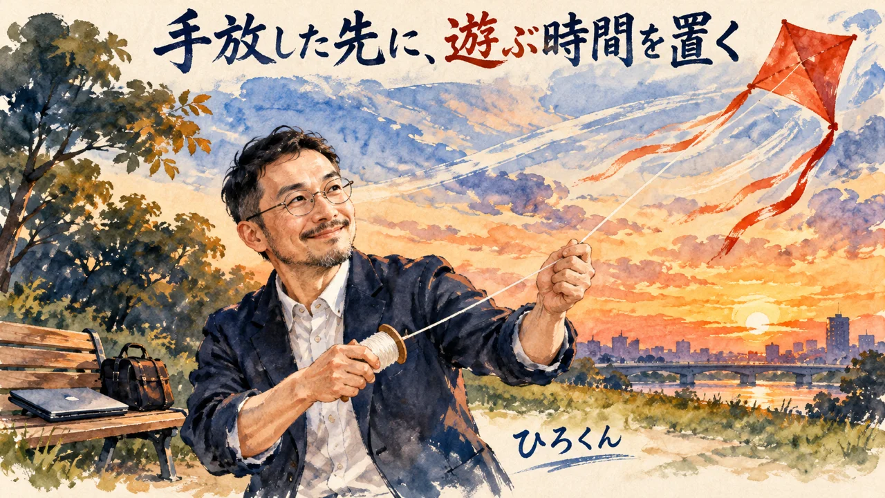 手放した先に遊ぶ時間を置く｜夕暮れの公園で凧を揚げるひろくん