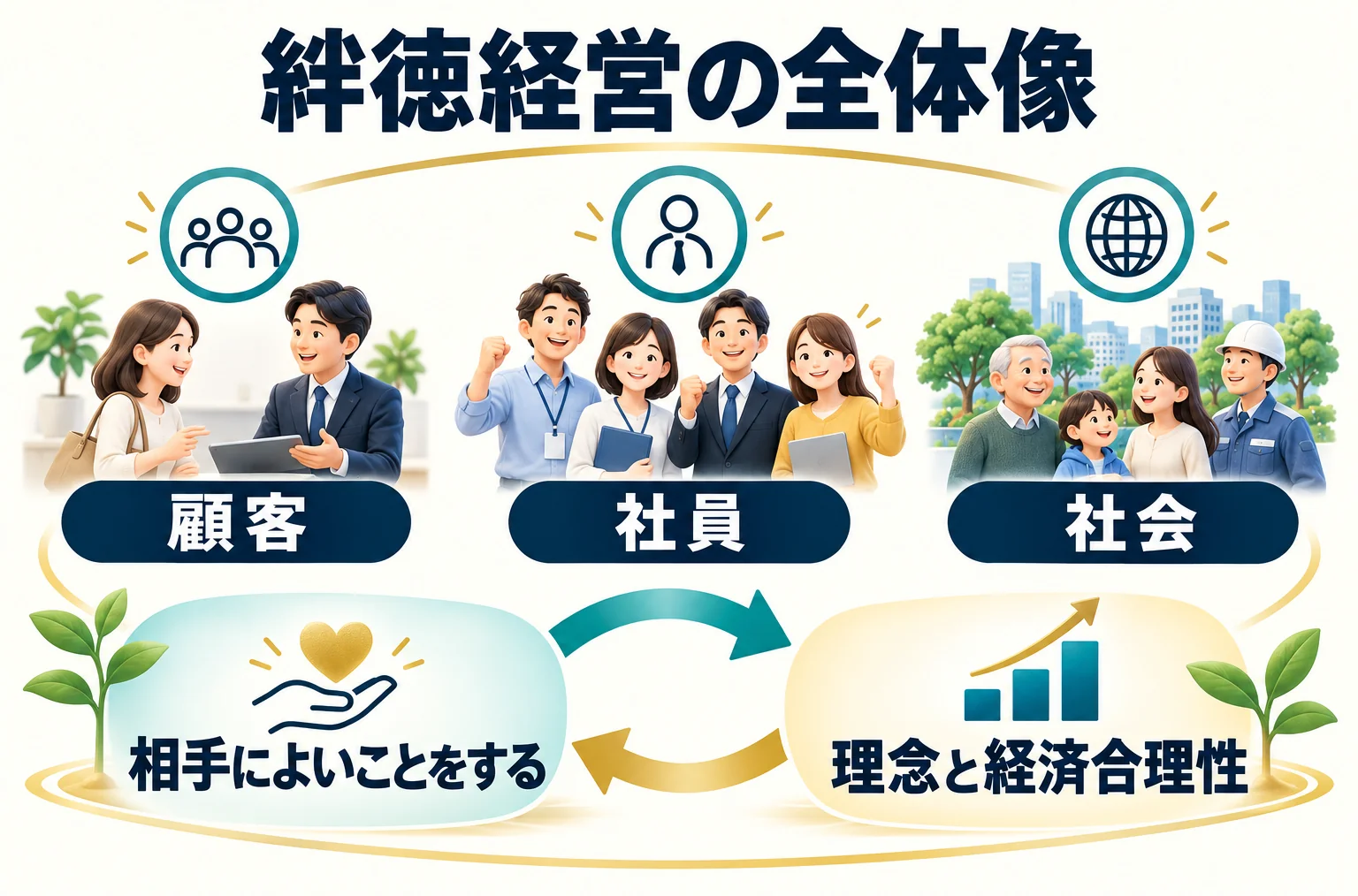 絆徳経営の全体像。顧客｜社員｜社会、相手によいことをする、理念と経済合理性