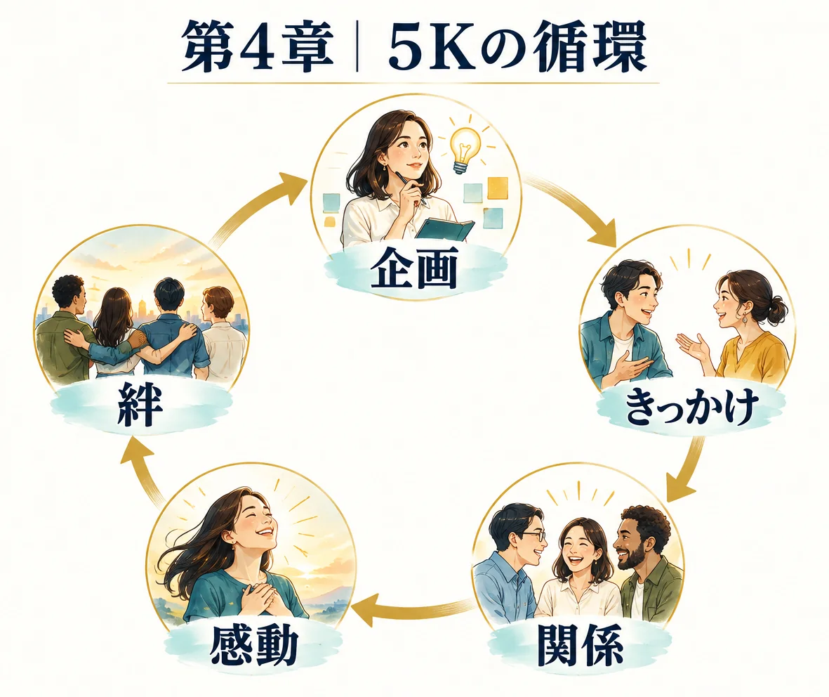 第4章。企画、きっかけ、関係、感動、絆の5段階で一周し、企画へ戻る循環