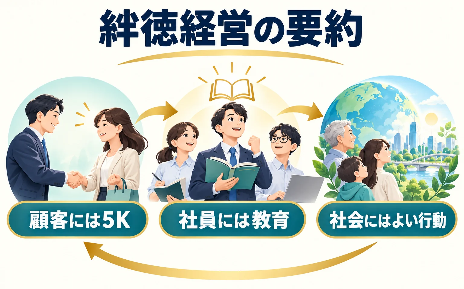 絆徳経営の要約。顧客には5K、社員には教育、社会にはよい行動