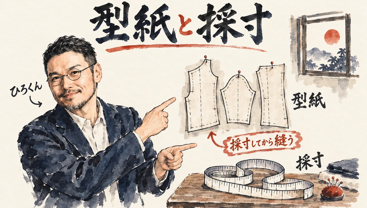 ひろくんが、型紙の3つの部品と、採寸のメジャーを両手で指している。「採寸してから縫う」の手書きの札