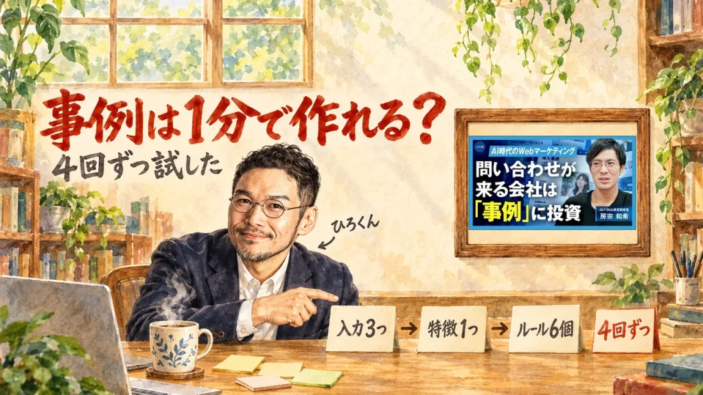 ひろくんが机の前で、入力3つ、特徴1つ、ルール6個、4回ずつと書かれた4枚の札を指している。壁の額縁に動画のサムネイル。大きな手書き文字は「事例は1分で作れる？ 4回ずつ試した」