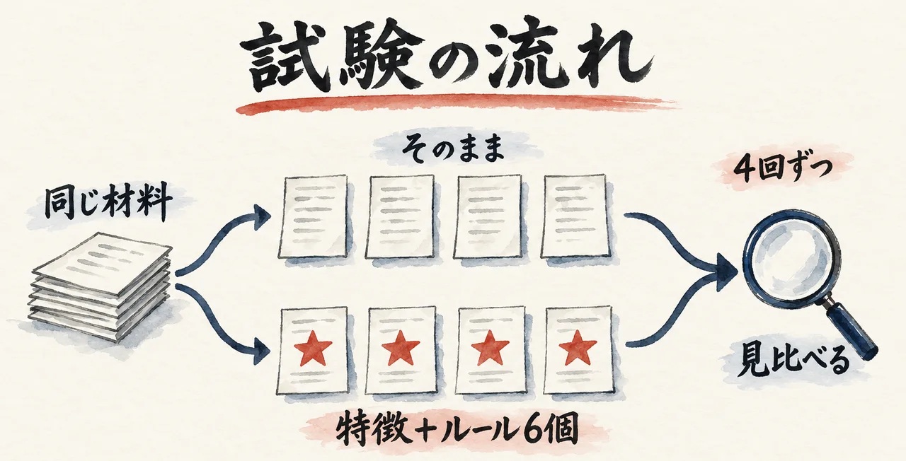 試験の流れ。同じ材料の紙の束から、上は「そのまま」の4枚、下は星印の「特徴＋ルール6個」の4枚に分かれ、4回ずつ書かせた紙を、虫眼鏡で見比べる