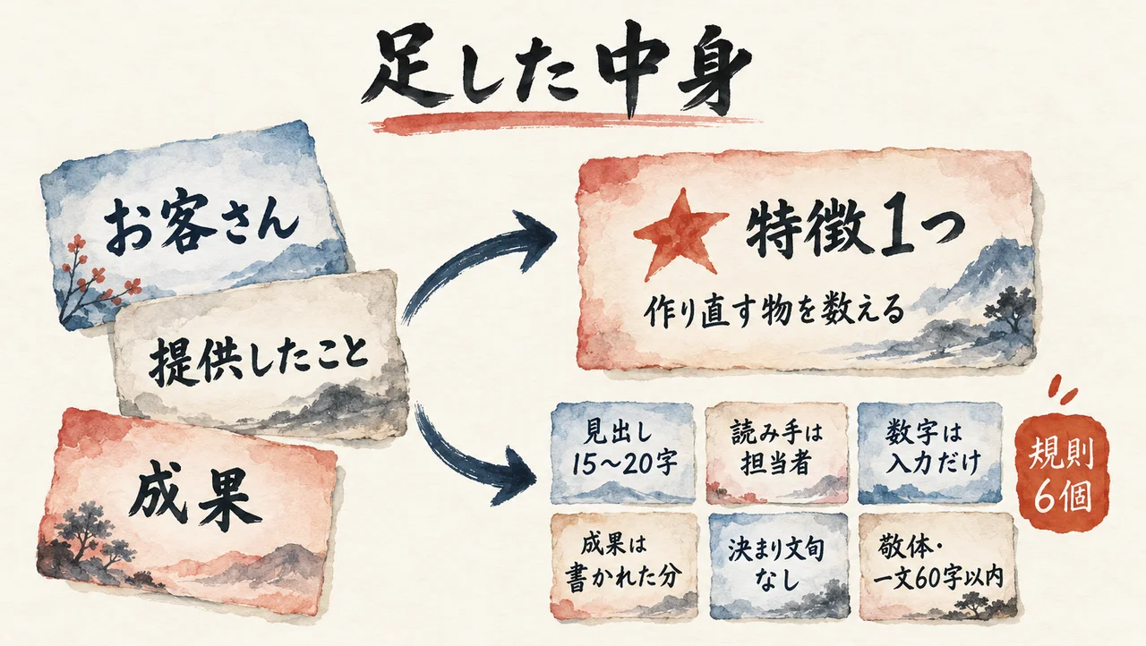足した中身。左のお客さん・提供したこと・成果の3枚の入力カードに、星印の「特徴1つ（作り直す物を数える）」と、見出し15〜20字・読み手は担当者・数字は入力だけ・成果は書かれた分・決まり文句なし・敬体で一文60字以内の「規則6個」を足す