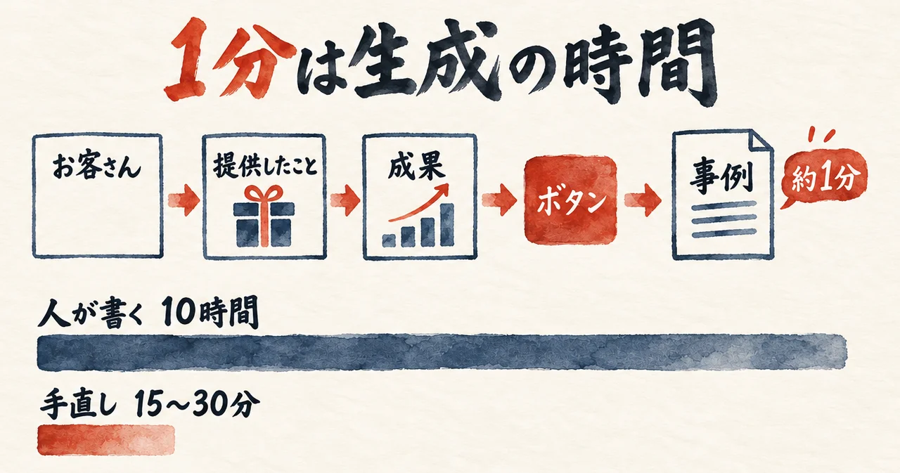 お客さん、提供したこと、成果の3枚の札から、ボタンを押すと事例が約1分でできる流れ。下に、人が書く10時間の長い帯と、手直し15〜30分の短い帯