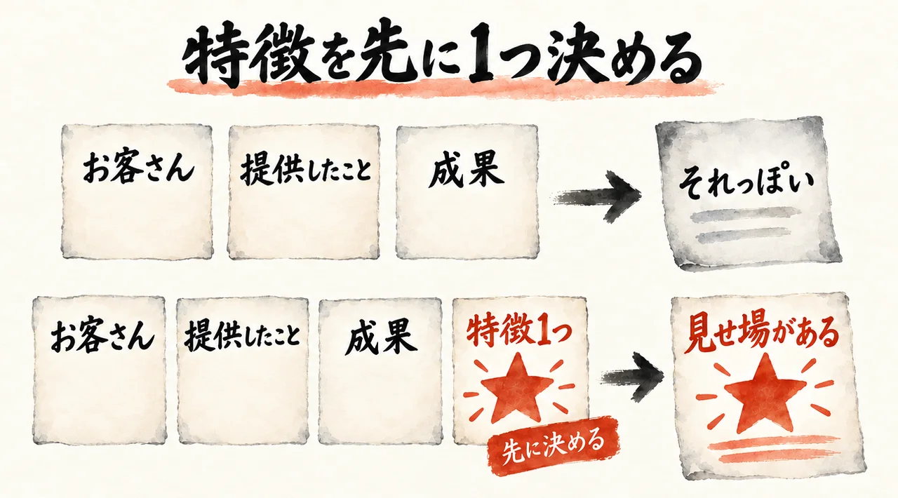 上段は、お客さん・提供したこと・成果の3枚の札から「それっぽい」文章。下段は、そこに「特徴1つ」を先に決めて足すと「見せ場がある」文章になる図