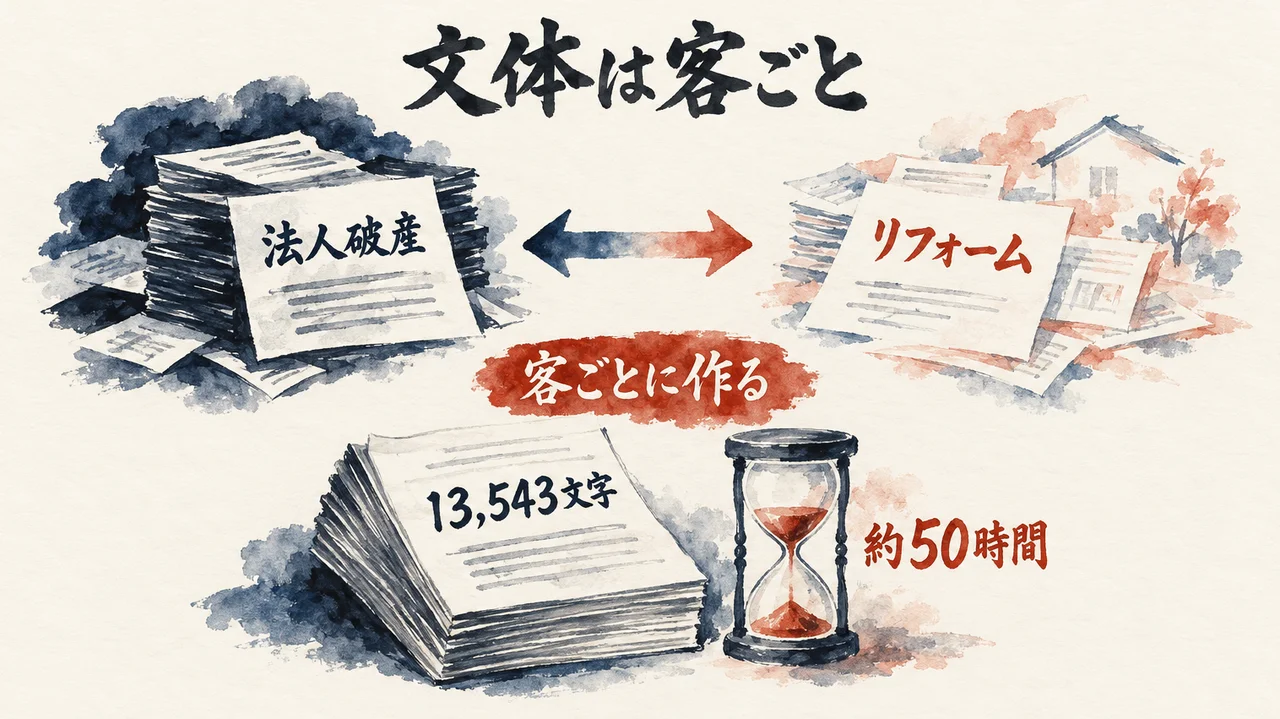 法人破産の書類の山とリフォームの書類を両矢印で並べ、「客ごとに作る」の札の下に、13,543文字の冊子と、約50時間を示す砂時計