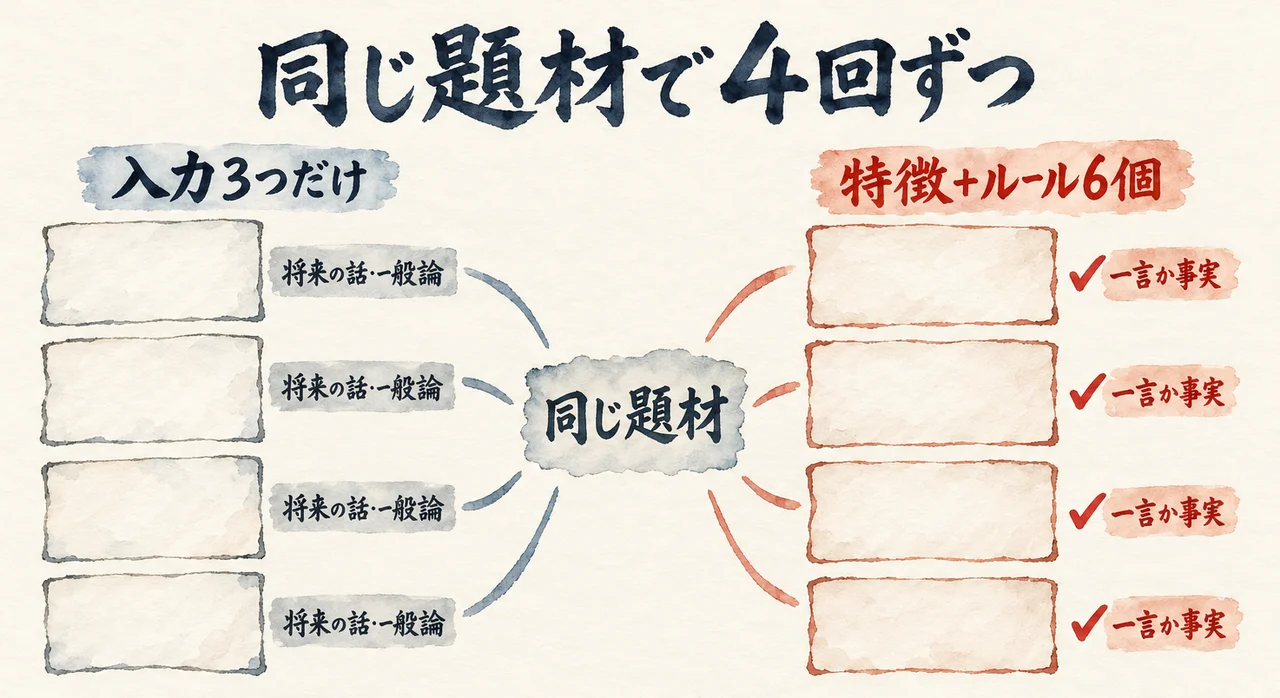 「同じ題材で4回ずつ」。左は入力3つだけの4回分で、どれも「将来の話・一般論」の札。右は特徴とルール6個を足した4回分で、どれも「一言か事実」の札にチェック