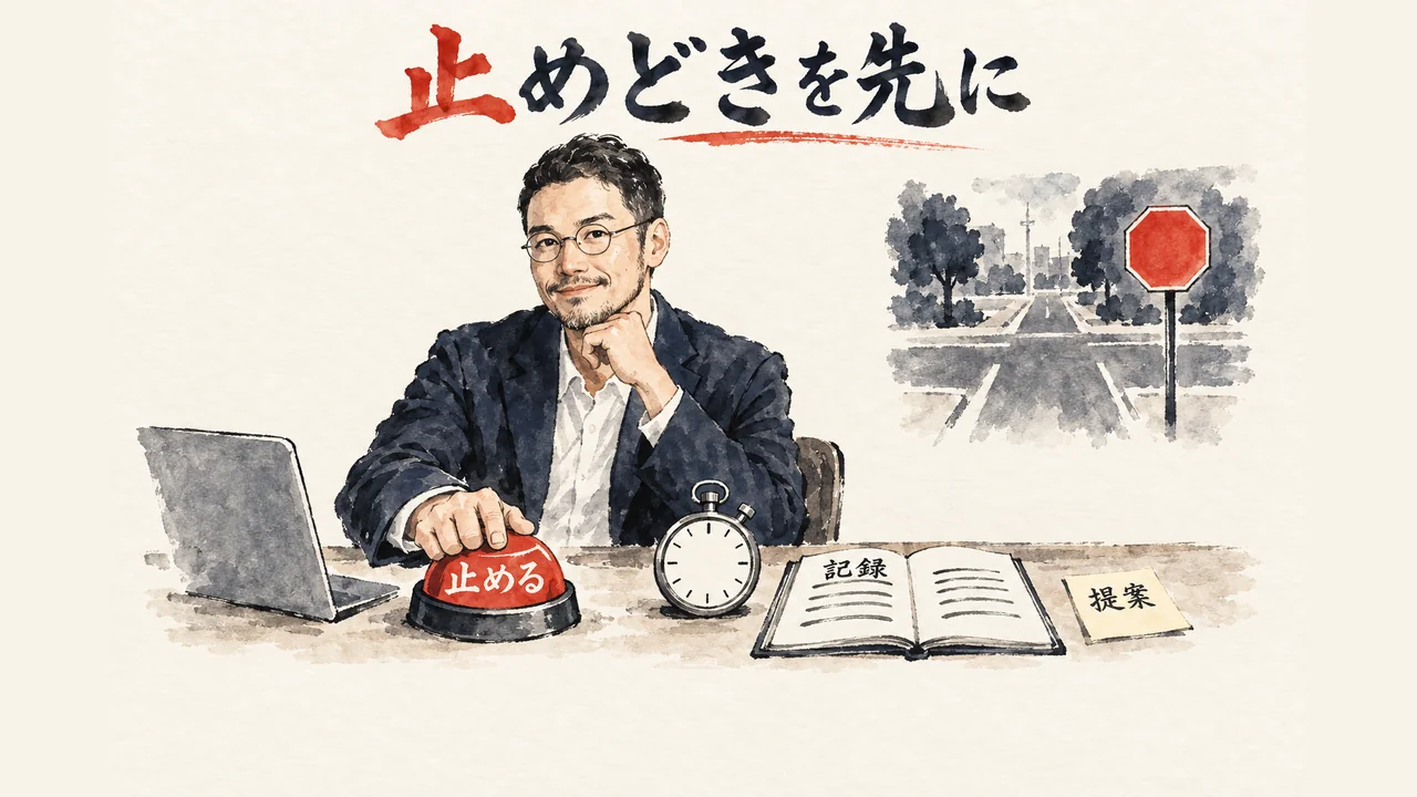 ひろくんが机で止めるボタンに手を添え、ストップウォッチと記録ノート、壁の止まれ札がある。止めどきを先に書くコラム図解