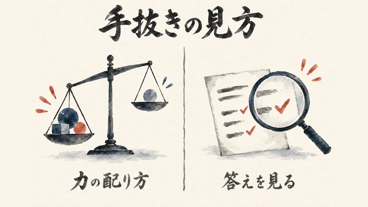 AIが力を配り分ける天秤と、返ってきた答えを虫眼鏡で確かめる紙。手抜きの見方を分ける図解
