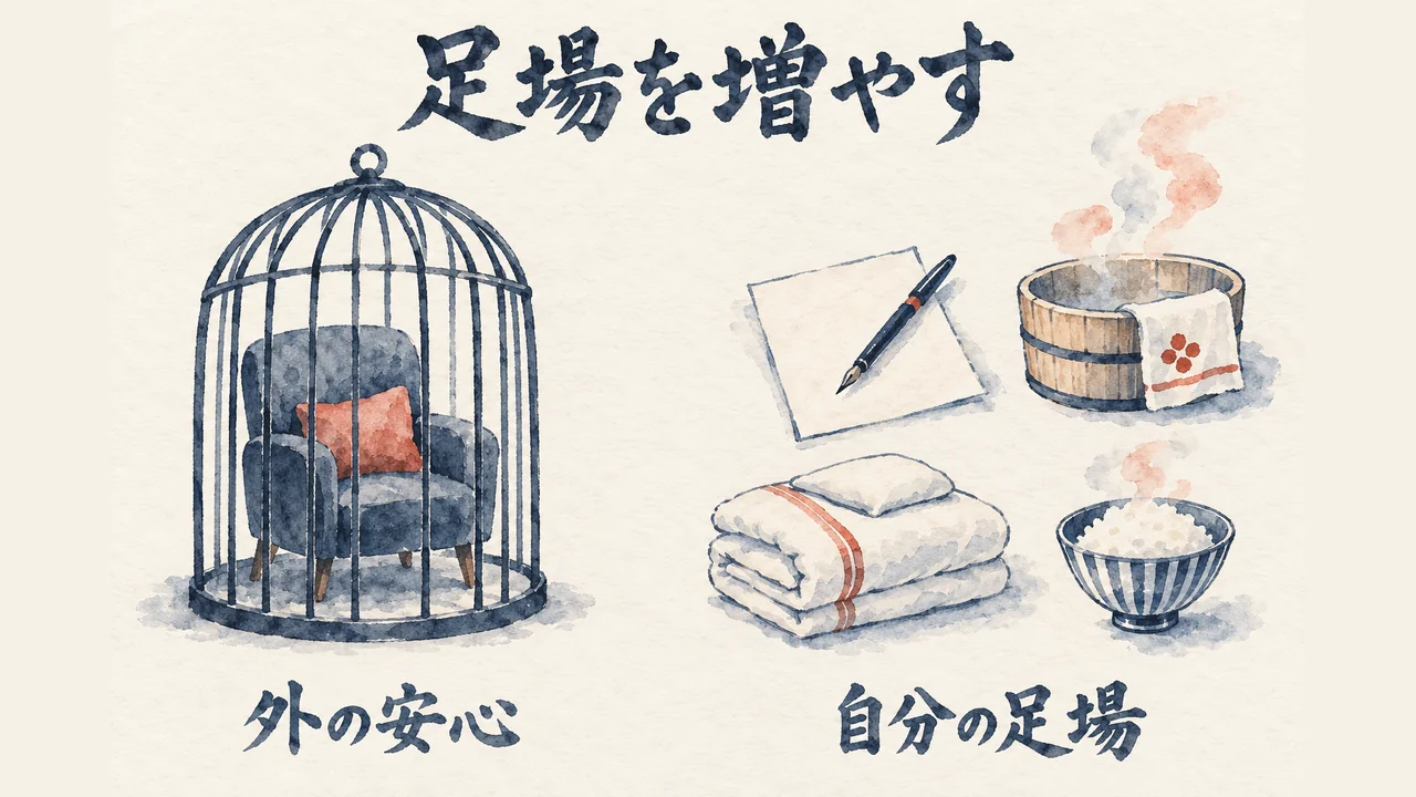 格子の檻の中の椅子（外の安心）と、紙とペン・お風呂・布団・ごはん（自分の足場）。足場を増やす図解