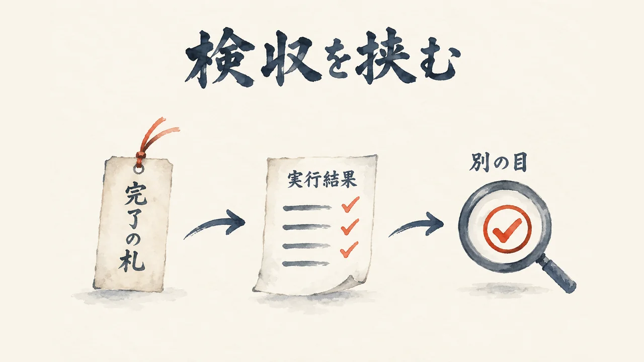 完了の札から実行結果の紙、別の目の虫眼鏡へ進む。完了の一言を信じず検収を挟む図解