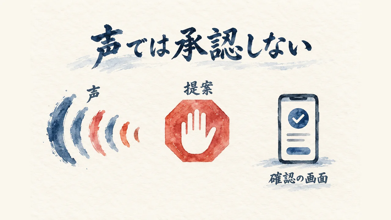 声の音波が止まれ札の前で止まり、承認はスマホの確認の画面で行う。声では承認しない図解（提案段階）