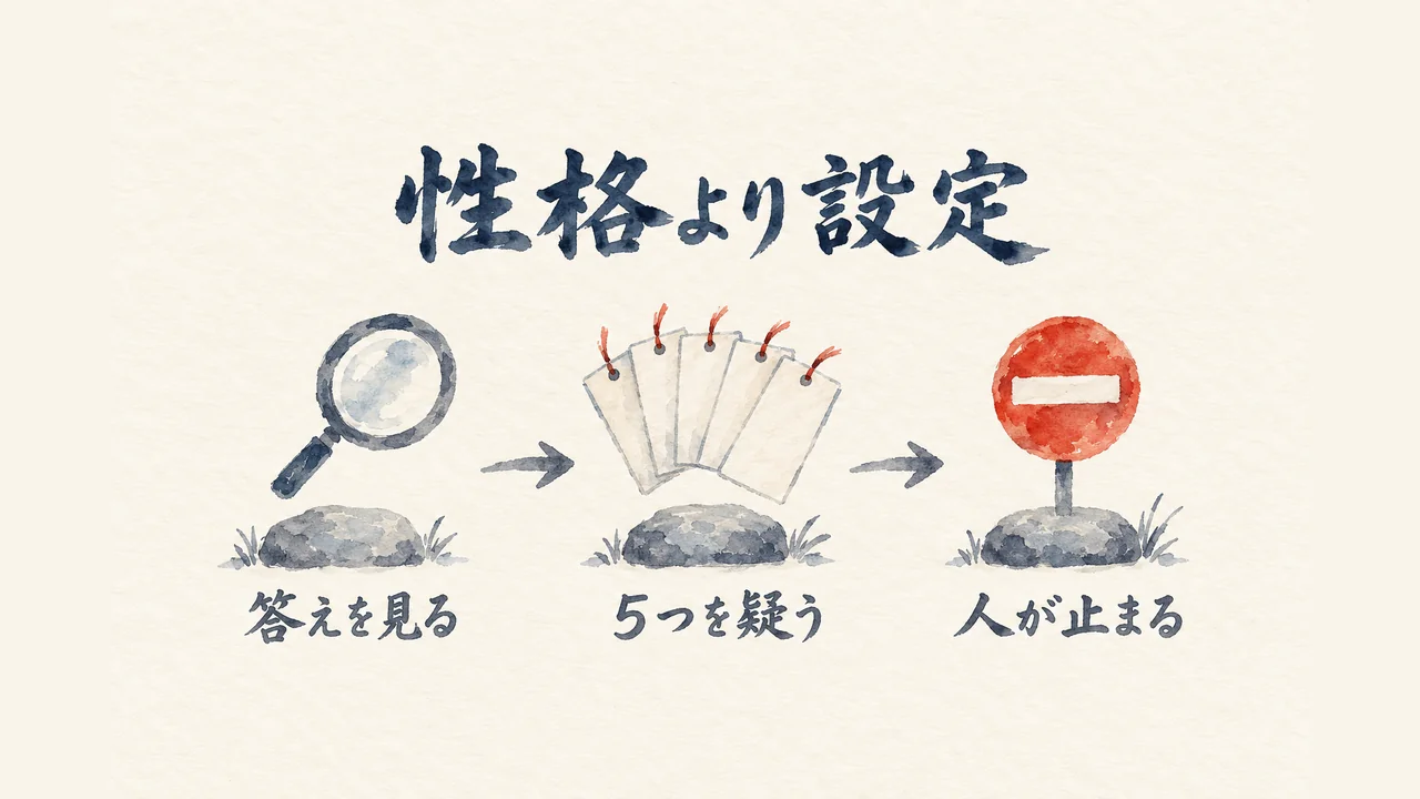 虫眼鏡で答えを見る、5枚の札で5つを疑う、止まれ札で人が止まる。三つの飛び石で性格より設定を見直す図解