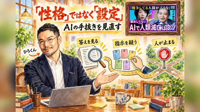 「性格」ではなく「設定」。ひろくんが、答えを見る・指示を疑う・人が止まるの3つの駅を紹介する全容図解。壁に動画のサムネイル