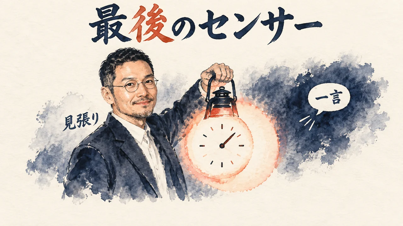 ランタンを掲げて見張るひろくんと、光の外に浮かぶお客さんの一言のコラム図解