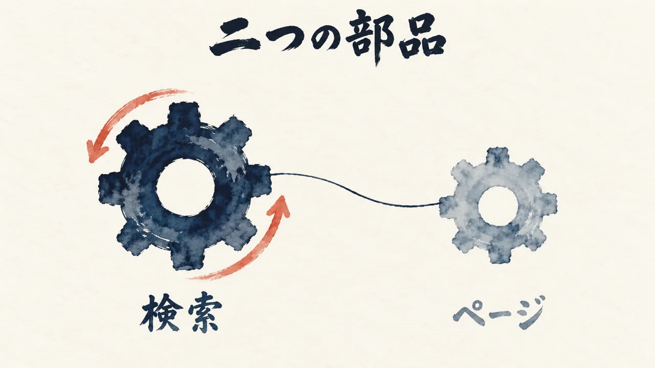 回る検索の歯車と、止まったままのページの歯車。二つの部品の図解