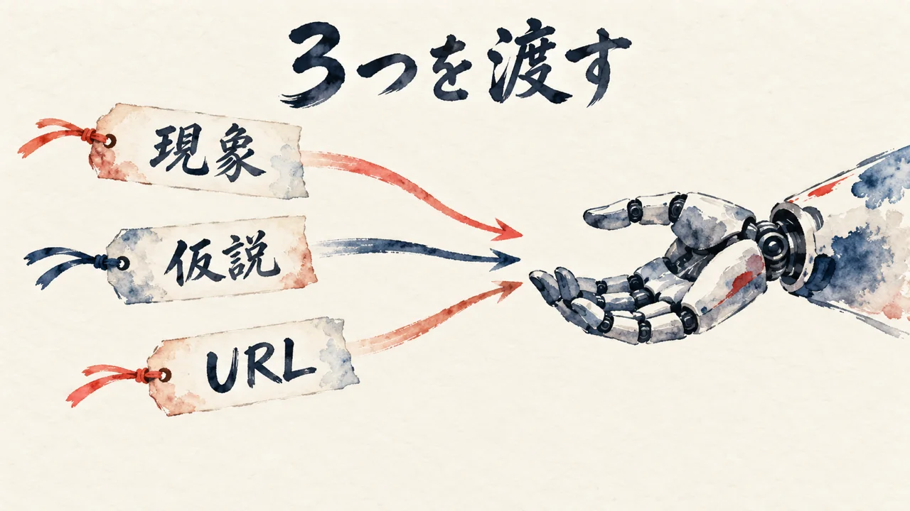 現象・仮説・URLの3枚の札をAIに渡す図解