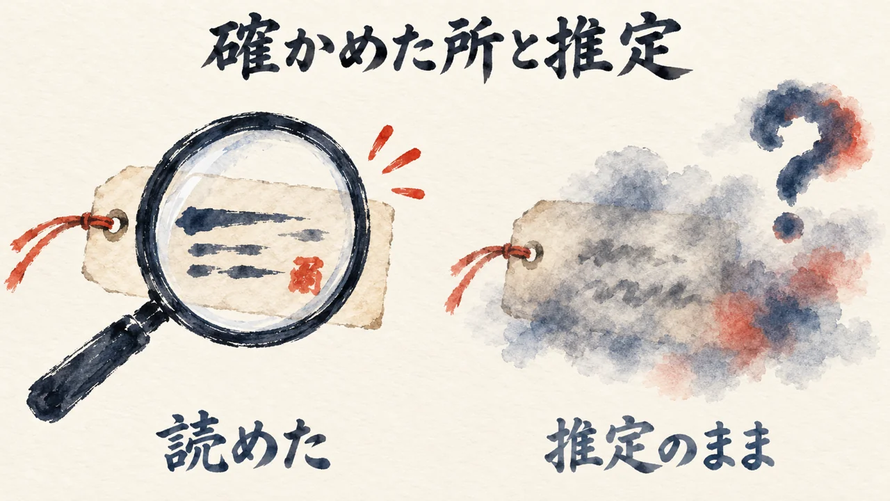 動画の画面で読めた所と、推定のまま残した所を分ける図解