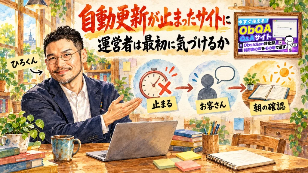 自動更新が止まったサイトに運営者は最初に気づけるか。ひろくんが、止まる・お客さん・朝の確認の3つの駅を紹介する全容図解。壁にObQA動画のサムネイル