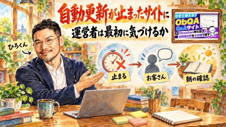自動更新が止まったサイトに運営者は最初に気づけるか。ひろくんが、止まる・お客さん・朝の確認の3つの駅を紹介する全容図解。壁にObQA動画のサムネイル