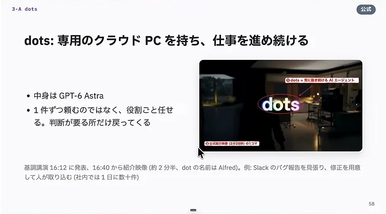 動画キャプチャ: Dotsは専用のクラウドPCを持ち、仕事を進め続ける、のスライド（12:42頃）