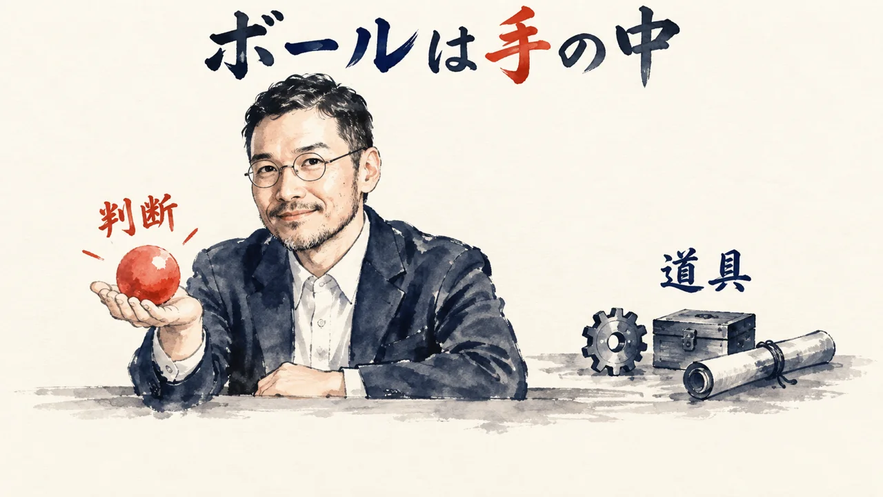 机の上に道具が並ぶ中で、手のひらに判断のボールを持つひろくん